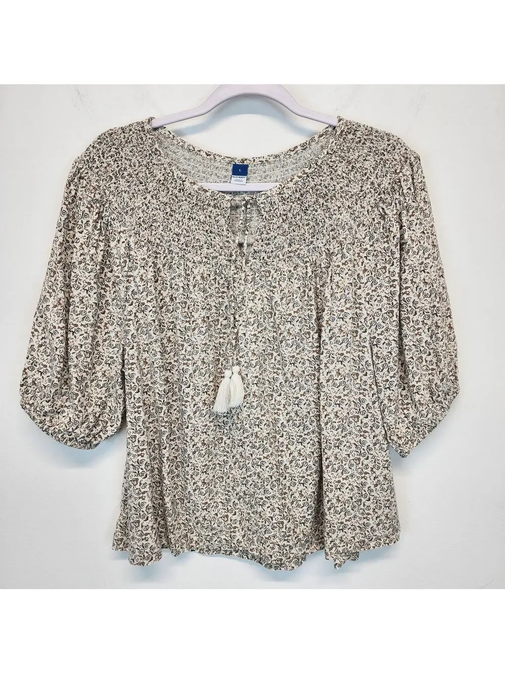 Old Navy Womens Ditsy Peasant Top Blouse Size L Smocked Puff Sleeve Cotton Rayon